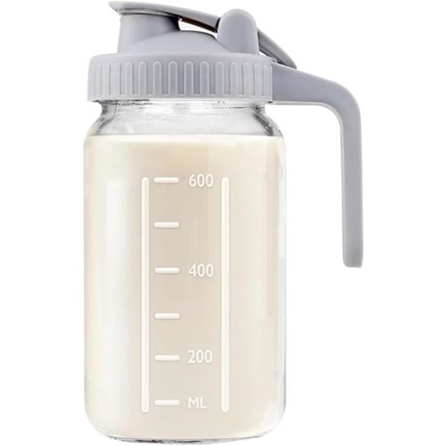 32oz Airtight Glass Pitcher, Wide Mouth Mason Jar with Gray Flip Pour Spout Lid & Silicone Seal, Leakproof Measuring Water Carafe with Handle for Cold Brew Coffee, Iced Tea, Juice, Milk