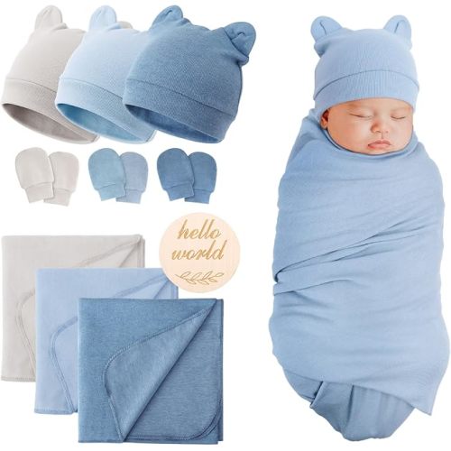3 Sets Cotton Baby Swaddle Blankets Wrap with Cute Bear Ears Hats Elastic Mittens Wooden Birth Announcement Card Soft Nursery Receiving Swaddles for Newborn Infant Girl Boy 0-3 Months