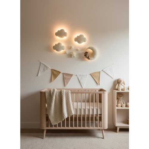 Handmade Bouclé Nursery Light Set: Teddy Bear, Moon, Stars, Clouds