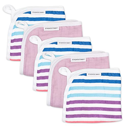 HonestBaby Multipack Woven Washcloths Bath Soft Absorbent Terry for Infant Baby Boys, Girls, Unisex, 5-Pack Rainbow Stripe, One Size