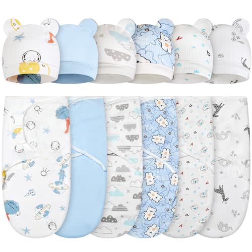 Ramede 6 Pack Swaddle Blanket with Hats Swaddle Outfit for 0-3 Months Newborn Sacks Soft Cotton Wearable for Girl and Boy(Bear,Blue)