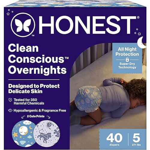 The Honest Company Comfort Dry Overnight Diapers, Up to 12 Hours Protection, Hypoallergenic, Cozy Cloud + Star Signs, Club Box Size 5 (27+ lbs), 40 Count