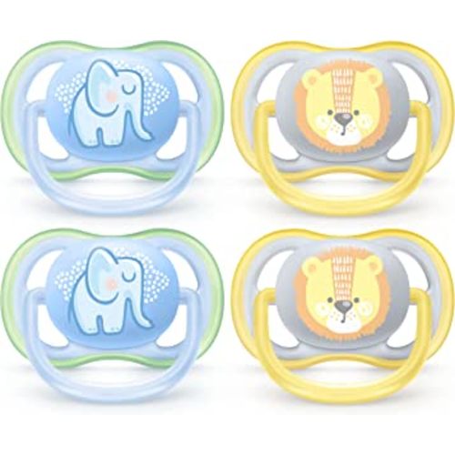 Philips AVENT Ultra Air Pacifier, 0-6 Months, Elephant,Lion, 4 Pack, SCF085/07
