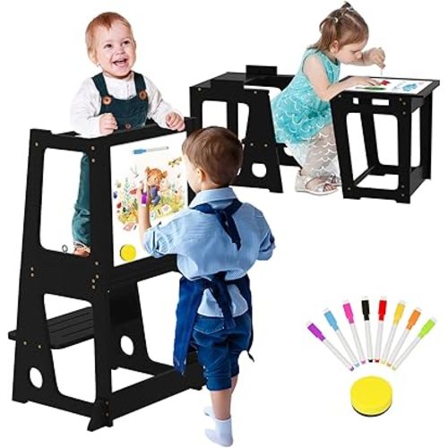 Kitchen Step Stool Helper for Toddlers, Toddler Learning Standing Tower with Whiteboard 2 in 1 Convertible Table and Chair, Removable Safety Rail, Widened Platforms for Little Ones Bathroom Sink