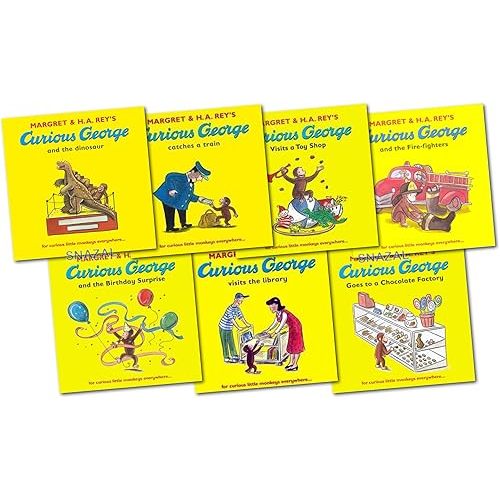Curious George The Monkey Collection 7 Book Set Pack Series (Dinosaur, Fire-fighters, Visits the Library, Birthday Surprise, Visits a Toy Shop, Catches a Train, Goes to a Chocolate Factory) (Curious George) Paperback