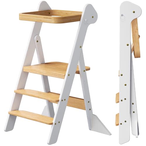 COSYLAND Foldi Foldable Toddler Kitchen Stool - Adjustable Height Toddler Standing Tower with Net & Safety Feet, IF Award-Winning Wooden Learning Step Tower for Kids 18M-6Y, White & Natural