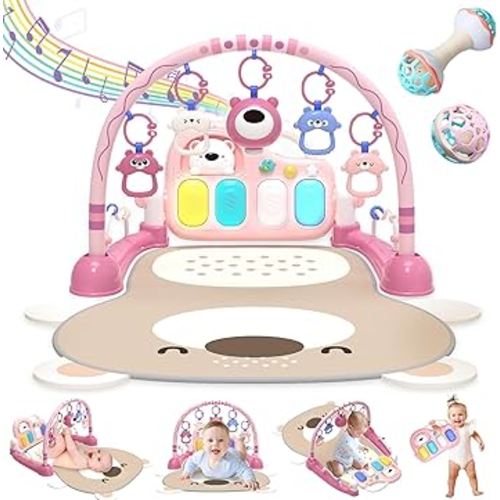 Baby Play Mat Baby Gym for Floor,Kick and Play Piano Mat Gym, Tummy Time Baby Activity Mat with 7 Infant Sensory Baby Toys, Music and Lights Boy & Girl Gifts for Newborn Baby 0 3 6 9 12 Months (Pink)