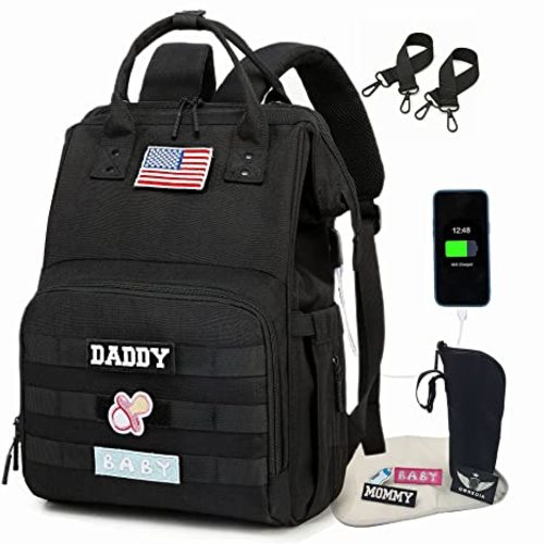 Diaper Bag Backpack for Dad and Mom with USB Charging Port Stroller Straps and Insulated Pocket,army military Travel Nappy Backpack for Daddy/Mommy (Black)