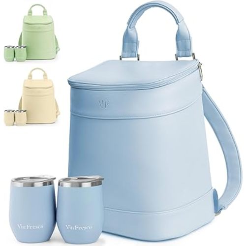 Insulated Cooler Backpack with 2 Stainless Steel Wine Tumblers – Leakproof & Spillproof Stylish Vegan Leather Picnic Cooler Bag – Lightweight & Portable – Holds 24 Cans or 6 Wine Bottles