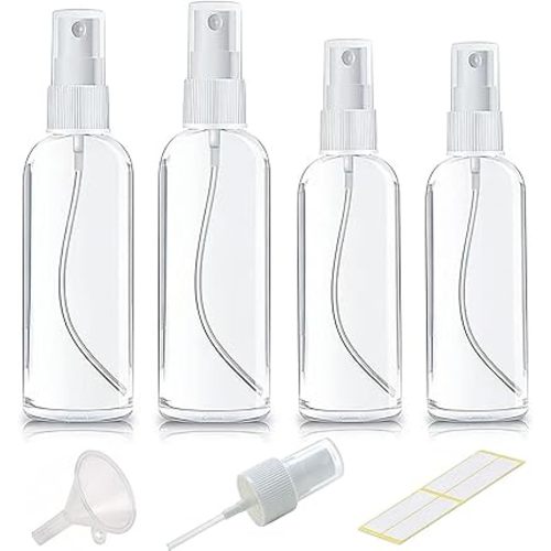 Small Spray Bottle, Clear Empty Mini Travel Plastic Bottle. Premium spray bottles for perfumes and cosmetics. 2 * 1oz, 2 * 1.7oz. (4 Pack)