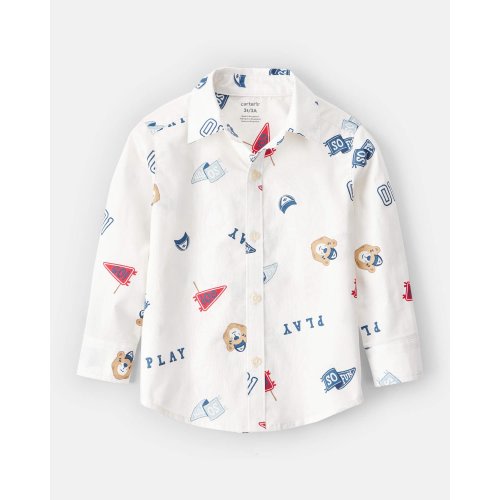 Toddler Boy Varsity Bear Print Long-Sleeve Button-Down Shirt - White | Carter's