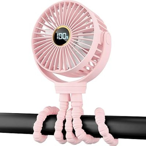 Portable Stroller Mini Fan, Small Rechargeable Personal Cooler w/ 360° Rotation, 3-Speed, Display, Battery Powered Stroller Accessories, Baby Essentials for Car Seat, Crib, Bike, Treadmill, Sakura
