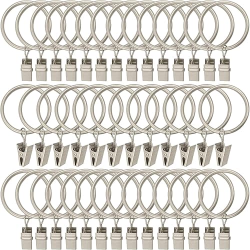 AMZSEVEN 40 Pack Metal Curtain Rings with Clips, Drapery Clips Hooks, Decorative Curtain Rod Clips 1.5 in Interior Diameter, Matte Silver