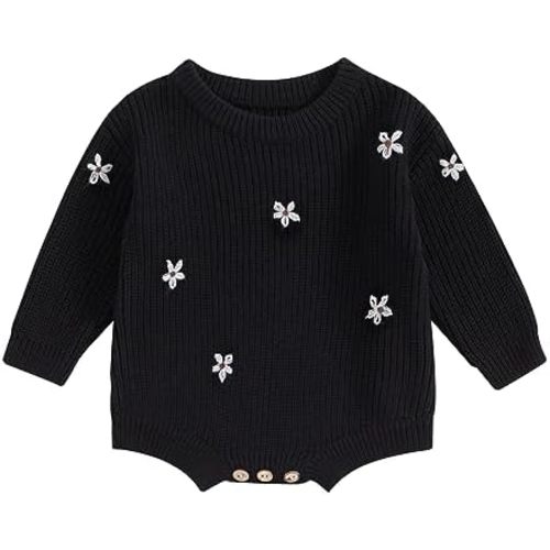 Qiylii Infant Baby Girl Flower Knit Sweater Romper Crewneck Long Sleeve Pullover Sweatshirt Onesie Fall Winter Clothes