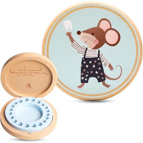 Baby Tooth Keepsake Box – Wooden Beechwood Tooth Fairy Holder & Memory Capsule for First Tooth, Curl & Umbilical Cord – Unisex Boys & Girls Shower Gift Registry Must-Have (Blue)
