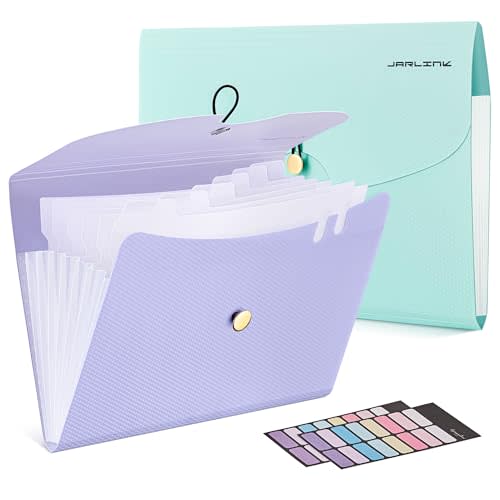 JARLINK 7 Pockets Expanding File Folder, A4 Accordion File Folders with 12 Labels, Cute Paper Organizer, Portable Document Organizer for College School Office Supplies, Macaron Blue & Macaron Pupple