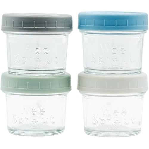 WeeSprout Glass Baby Food Storage Jars w/Lids (4 oz, 4 Pack Set) Snack, Puree, Reusable Small Containers, Breast Milk, Fridge or Freezer, Microwave & Dishwasher Safe, Essential Must Have for Infants