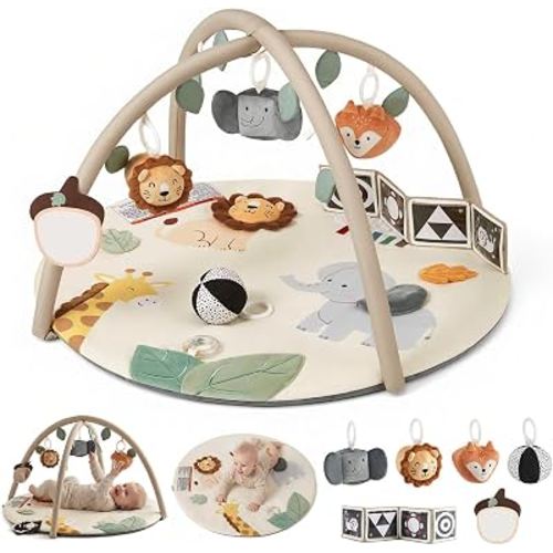 Blissful Diary Baby Play Gym, Baby Activity Mat Playmat, Tummy Time Mat | Safari Animals Sensory Play Mat, 7 Interactive Toys, Stage-Based Development, Washable Playmat, Baby Essentials Shower Gift