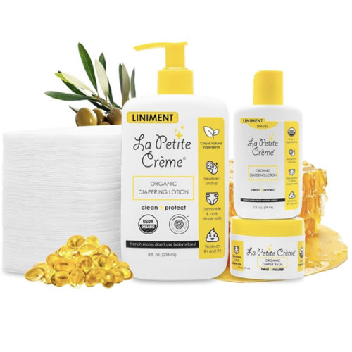 La Petite Creme Premium French Diapering Gift Set: Includes Organic Diapering Lotion (8 oz), Travel-size Liniment Baby Lotion (2 oz), 1 Travel-size Diaper Balm (1 oz), 50 Disposable Cotton Pads