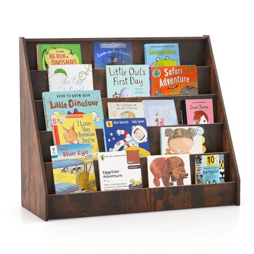 HONEY JOY Kids Bookshelf, 5-Tier Wooden Toddler Bookcase, Children Book Rack & Magazine Display Shelf, Toy Storage Organizer, Book Shelf for Kids Rooms, Playroom, Nursery, Classroom (Rustic Brown)
