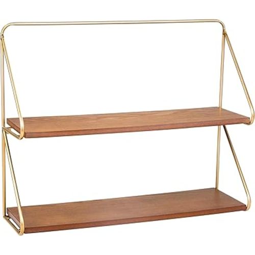 Decorative Two-Tier Wall Mounted Shelf for Home Decor - Modern Hanging Storage Organizer Idea Use for Living Room and Bedroom - Sleek Wall Shelf for Office or Entryway Display - 17", Gold & Metallic