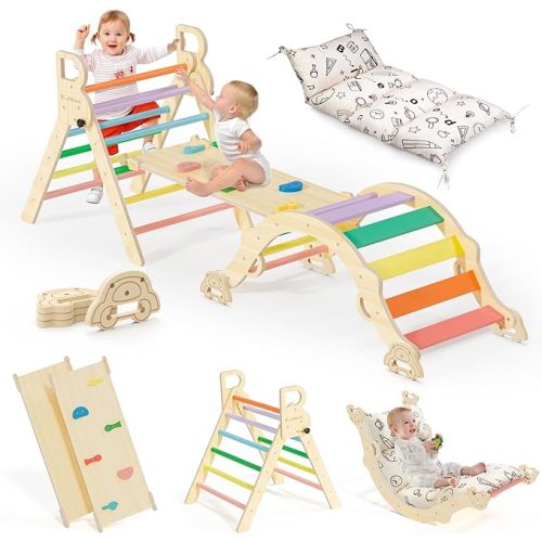 BlueWood Pikler Triangle Set with Cushion, 8-in-1 Climbing Toys for Toddlers, Montessori Philosophy Play Jungle Gym with Arch, Ramp, Ladder(Sunshine Rainbow)