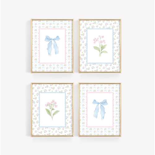 Baby Girl Nursery Print Set of 4, Pink Floral Wall Art, Coquette Room Decor, Grandmillennial Print, Cottagecore Decor, Botanical Nursery Art