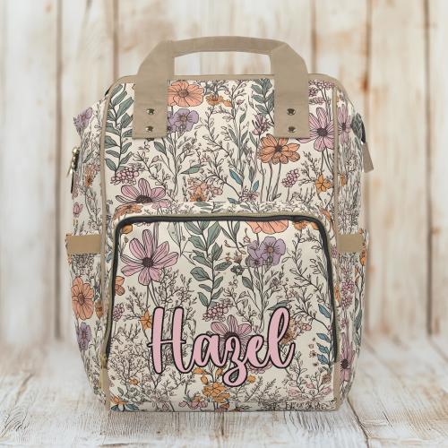 Personalized Wild Flower Diaper Backpack, Flower Bag, Perfect Baby Shower Gift, Cute Bag, Stylish Nylon Multi-Function Diaper Backpack