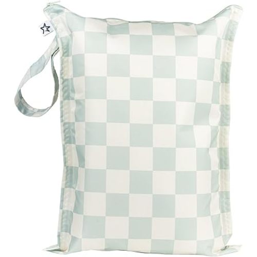 Tiny Twinkle Mess Proof Wet Bags | 1-Pack Reusable Waterproof Wet Bags for Swimsuits | Baby Clothes | Travel & Diaper Bag (Sage Checkers)