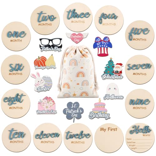 3D Baby Monthly Milestone Signs, Wooden Double-Sided Set, Slate Blue | 4-Inch Wood Discs, Hello World + 1-12 Months, Photo Prop, Nursery Decor, Baby Shower Gift