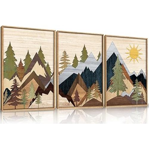 Mountain Pine Tree Framed Canvas Wall Art Set, Nature Wilderness Illustration Wall Decor, Woodcut Forest Wall Painting, Mid Century Modern Art Print for Living Room Bedroom Office 16"x24"x3