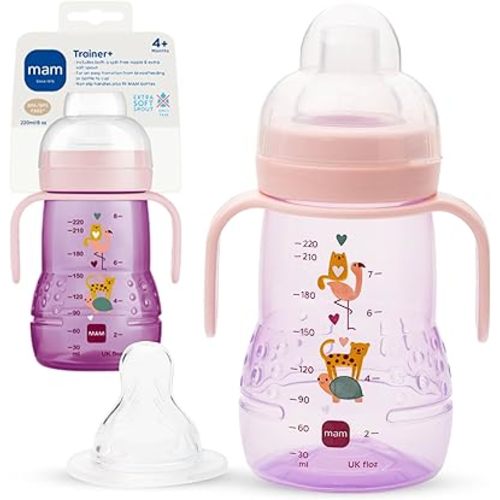 MAM Trainer Sippy Cup for Toddlers 1-3, 8 oz. Transition Drinking Cup with Extra-Soft Spout, Spill-Free Nipple, and Non-Slip Handles, for Girls 4+ Months, 1 Count