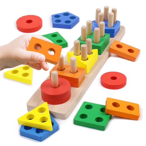 YHHYTOY Montessori Toys for 1 2 3 Year Old - Wooden Baby Stacking Toys Sensory Educational Shape Sorter Color Sorting Toy for Toddlers 1-3, Birthday Gifts for Girls Boys Kids
