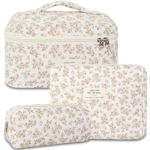 3Pcs Makeup Bag Cotton Quilted Travel Cosmetic Bag Cute Floral Makeup Pouch Large Toiletry Bag for Women Girls