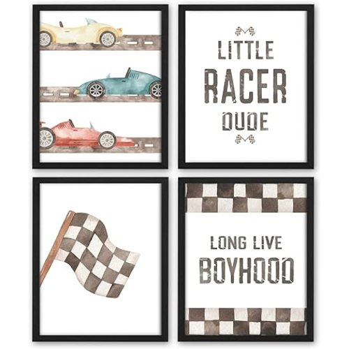 NaZaUK Race Car Room Decor for Boys, Nursery Race Car Long Live Boyhood Wall Art Prints Set of 4, Race Car Room Decor for Boys, Nursery Wall Art, Kids Playroom Decor, 8x10 Unframed