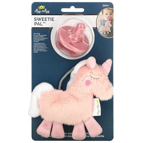 Itzy Ritzy Pacifier & Lovey Set - Includes Silicone Pacifier with Stuffed Animal Lovey - Detachable Plush Unicorn Binky Holder & Coordinating Pink Silicone Binky Ideal for Ages 0 Months & Up