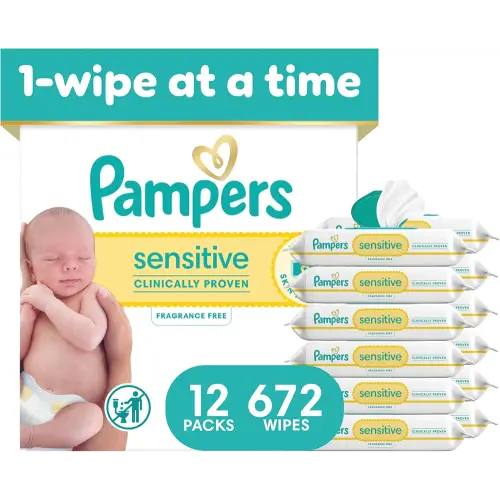 Pampers Sensitive Baby Wipes, Unscented, Fragrance Free, Clinically Proven, Water Based, Hypoallergenic, Multi-Use, Hand Wipes, 672 Wipes Total (12X Flip-Top Packs)