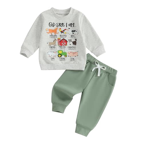 Nyapruwe Toddler Baby Boys Fall Winter Outfits Funny Print Top Pants Set | God Says I Am Long Sleeve Sweatshirt, Dinosaur/Animal/Construction Letter Pullover, Joggers Sweatpants, 12M-5T Warm Clothes