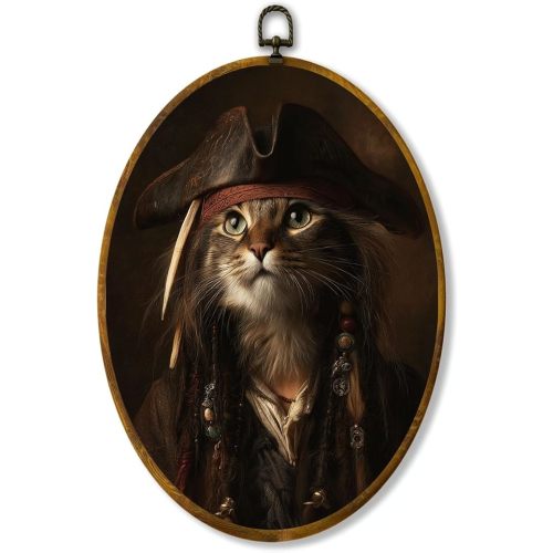 Pirate Cat Portrait Print, Vintage Nautical Framed Oval Wall Art, Gothic Cottagecore Cat Canvas Wall Hanging Decor for Bedroom Living Room Bathroom, 8.5x11.5 Inch, Whimsical Captain Cat Artwork