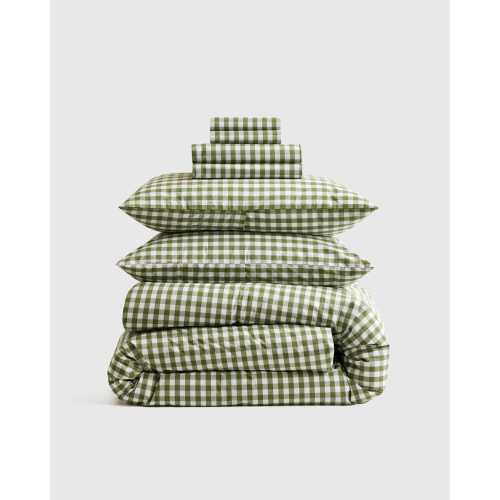 Classic Organic Percale Gingham Deluxe Bedding Bundle in Olive