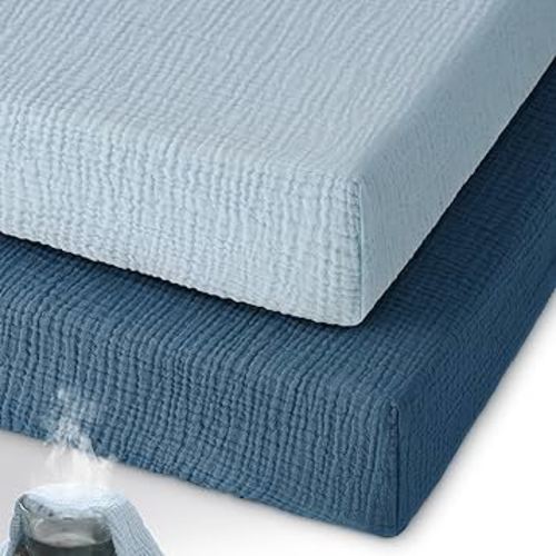 Muslin Pack and Play Sheets Fitted, 100% Cotton Mini Crib Sheets 2 Pack for Pack N Play Mattress, Stretchy Playard Sheet, Soft and Breathable Gradient Blue