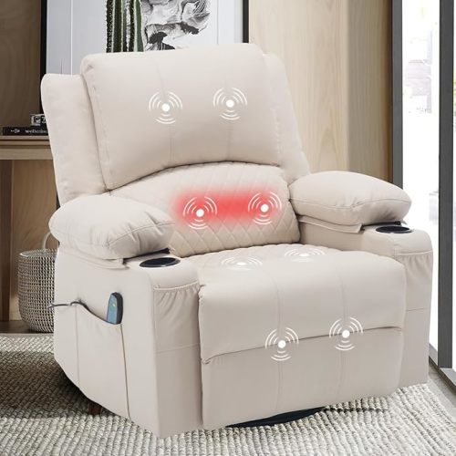 Leather Recliner Chair with Heat and Massage Cup Holder, Thickly Padded Overstuffed Rocking Glider Chair, Swivel Rocker Recliner Chair for Nursery, White