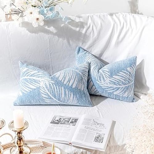 Light Blue Decorative Lumbar Throw Pillow Covers 12X20, Set of 2, Coastal Farmhouse Cushion Cover, Soft Accent Pillowcase for Couch Sofa Bed Living Room Home Décor