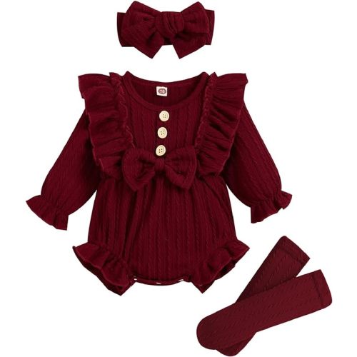 GRNSHTS Newborn Baby Girl Clothes Ruffle Solid Sweater Long Sleeve Romper+Hairband+Socks 3Pcs Fall Winter Outfits