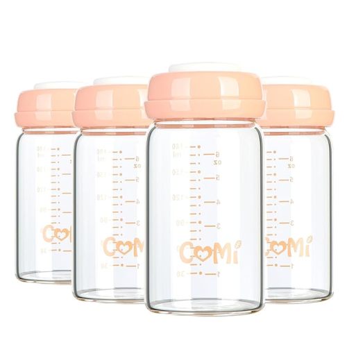 COMI Wide Neck Glass Breastmilk Collection n Storage Bottle, 4 Packs, 6oz with Screw Ring Sealing Disk; Re-markable Sealing Disc. BPA Free, Fits Breast Pumps & Nipples (4 Pink Lids)