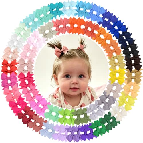 ALinmo Hair Clips for Girls 100PCS - 2" Fully Lined Tiny Bows, Alligator Clips for Infants and Toddlers in Pairs | Grosgrain Ribbon Baby Girls Clips Hair Pins for Baby Girls Infants and Toddlers 50 Colors in Pairs