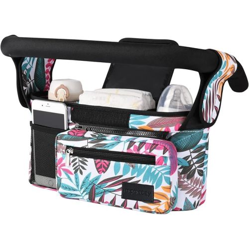 Momcozy Universal Stroller Organizer, 2 Insulated Cup Holders, Removable Zip Pocket, Adjustable Straps, Large Capacity Baby Essentials Compact Design, Fits Any Stroller (Multicolor)