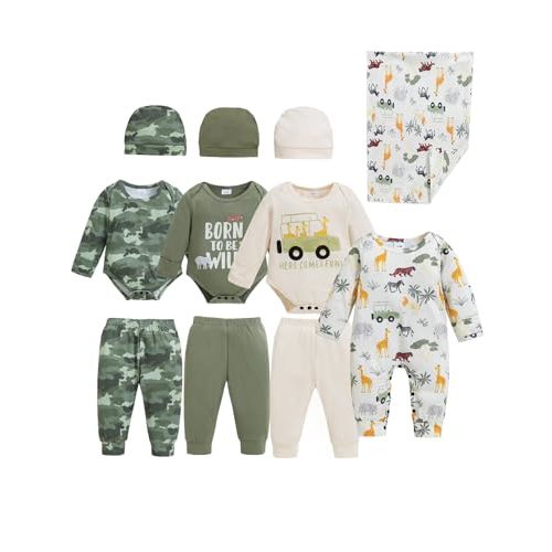 Renotemy Newborn Baby Boy Clothes Essentials 11-Piece Layette Set with Bodysuits, Pants, Hats, Blanket-Infant Unisex Outfit