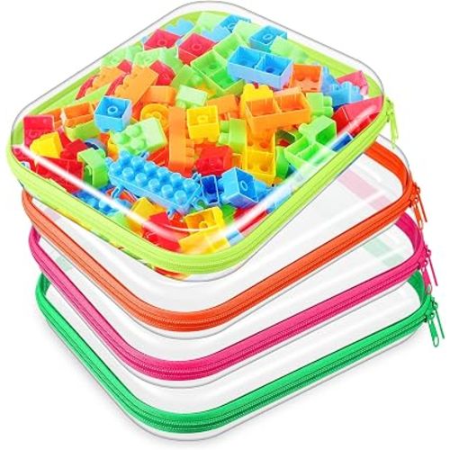 4 Pcs Hard Clear Zipper Case Makeup Bags Plastic Zipper Pouch Transparent Storage Box Containers for Cosmetics, Snacks, Building Blocks, Puzzles(Clear,9.8 x 7.9 x 2 in,Fluorescent)