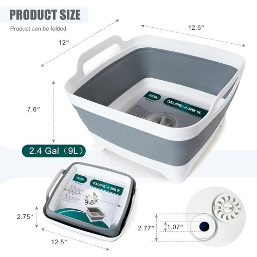 Collapsible Dish Basin with Drain Plug, 2.4 Gal (9L) Space-Saving Foldable Sink, Wash Basin for Kitchen, Baby Bottles, Vegetable Washing, Camping, RV and Party Beverage Tubs (gray)